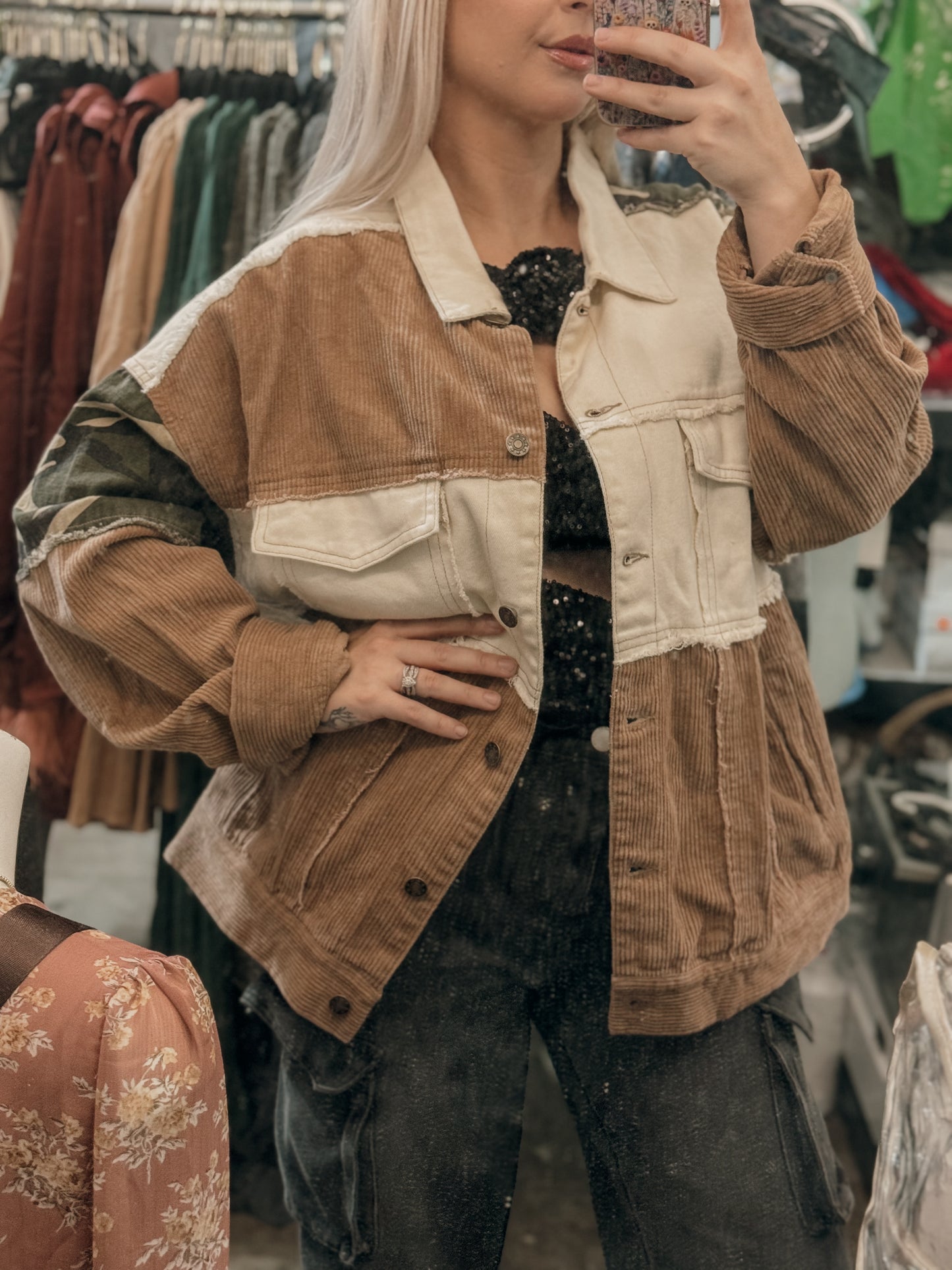 Raw hem camo corduroy jacket