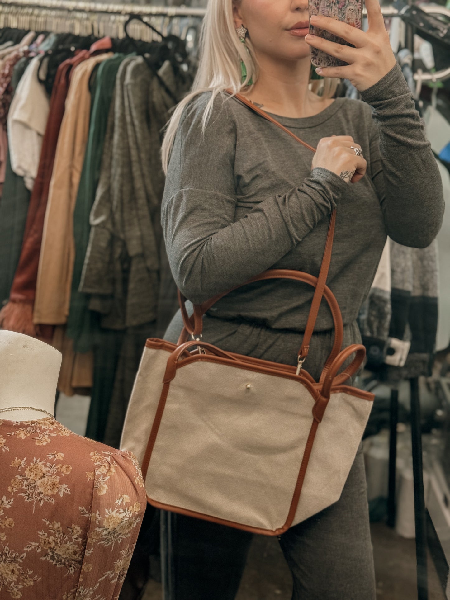 Faux leather trim tote bag
