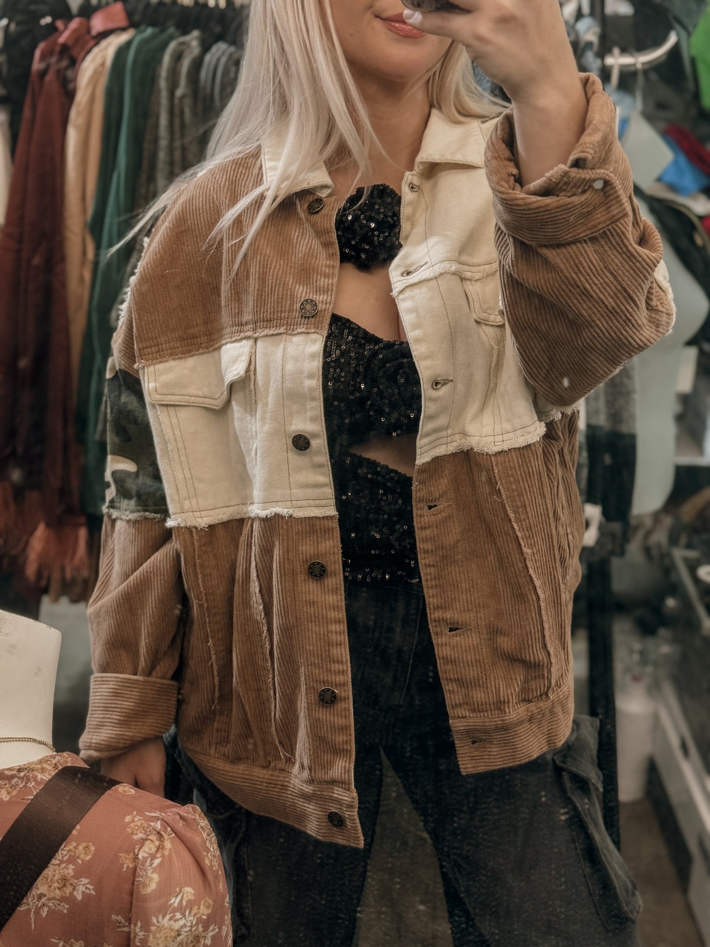 Raw hem camo corduroy jacket