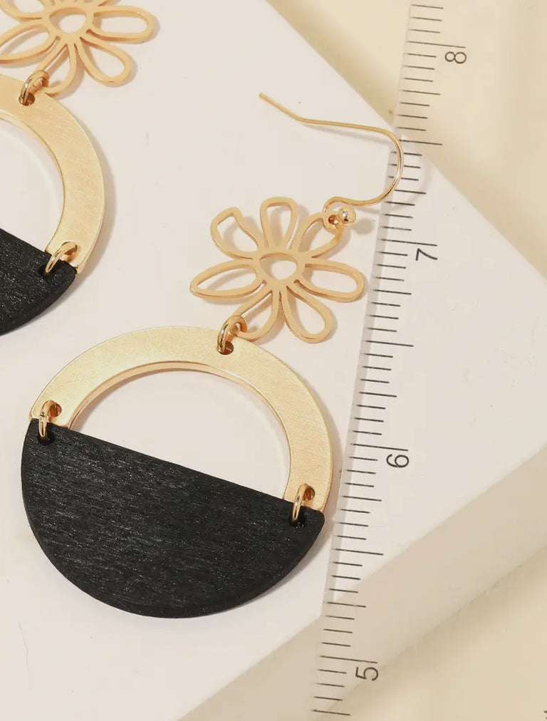 Wooden half disc and flower dangle earrings