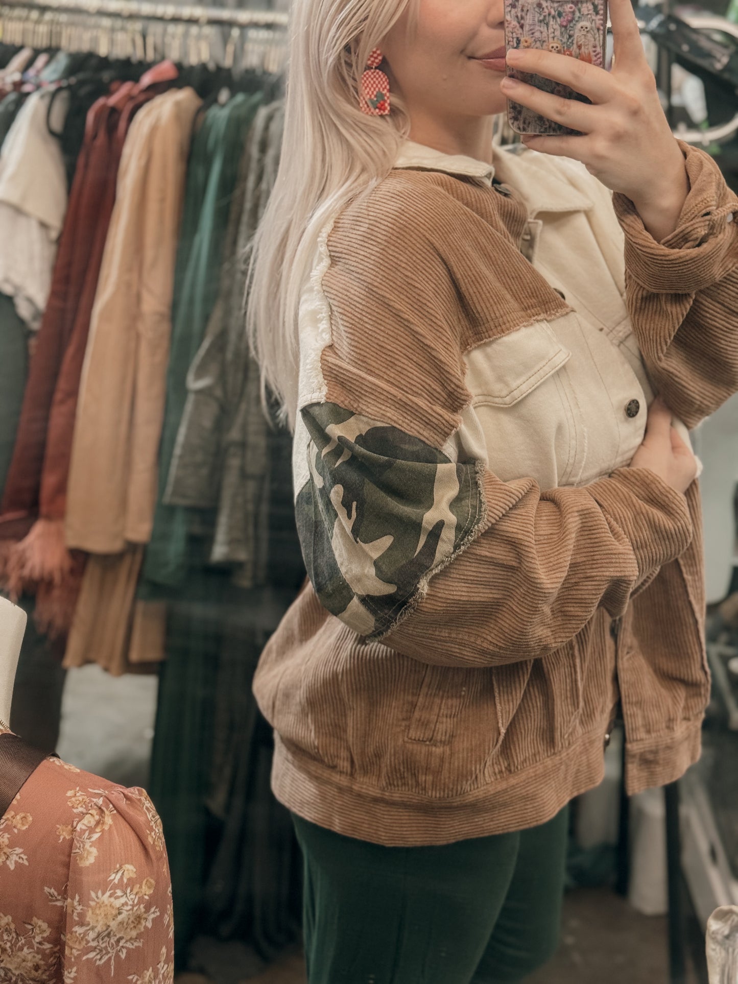 Raw hem camo corduroy jacket