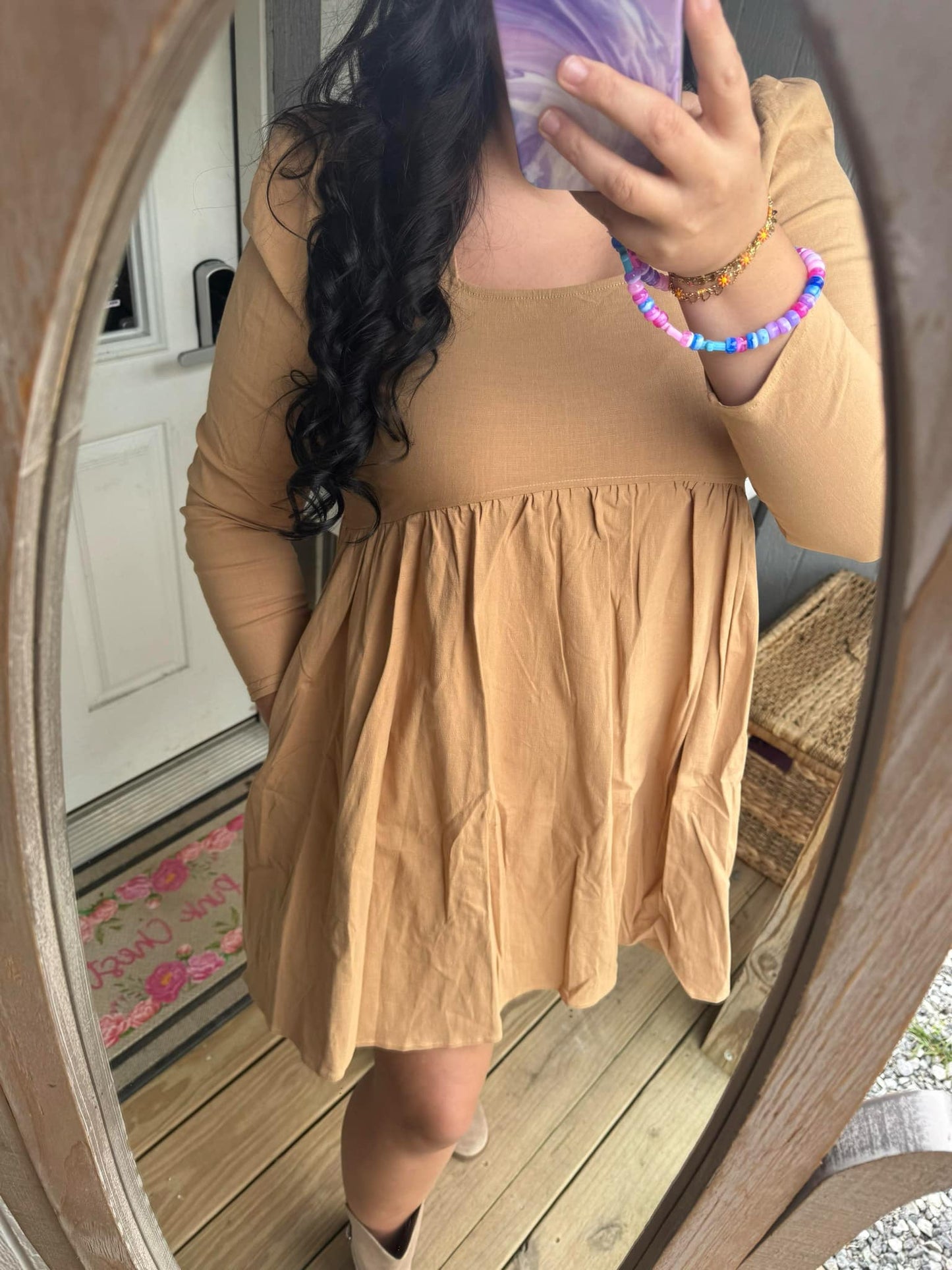 Square neck camel babydoll longsleeve tunic dress