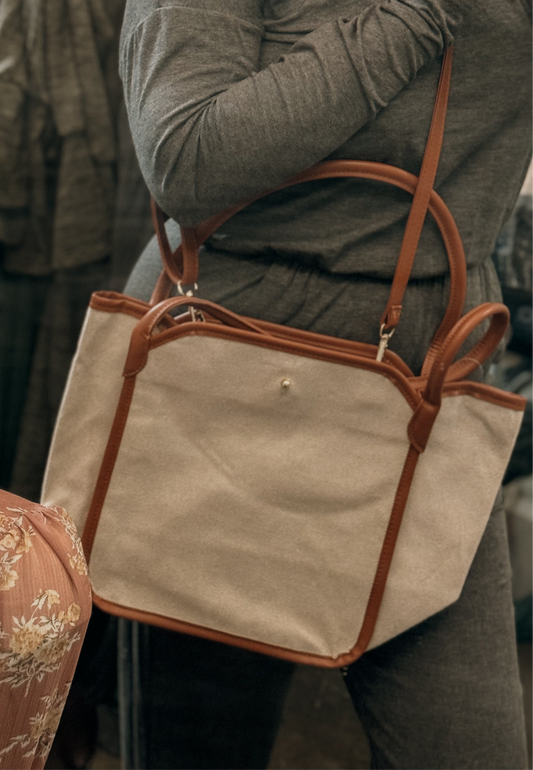 Faux leather trim tote bag