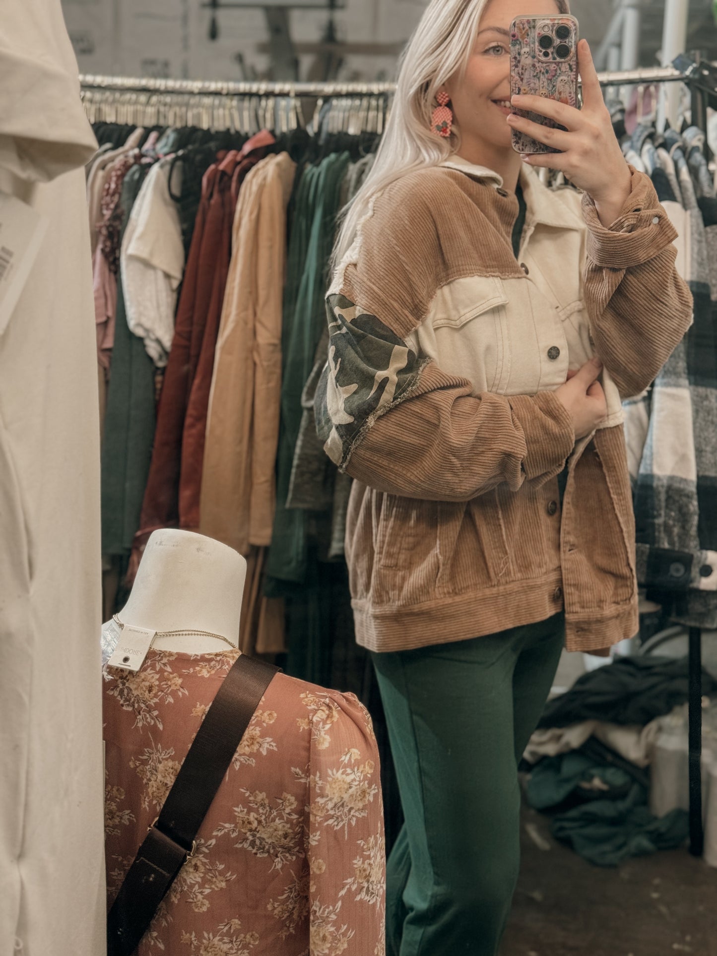 Raw hem camo corduroy jacket