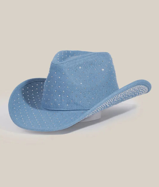 Rhinestone denim cowboy fedora hat