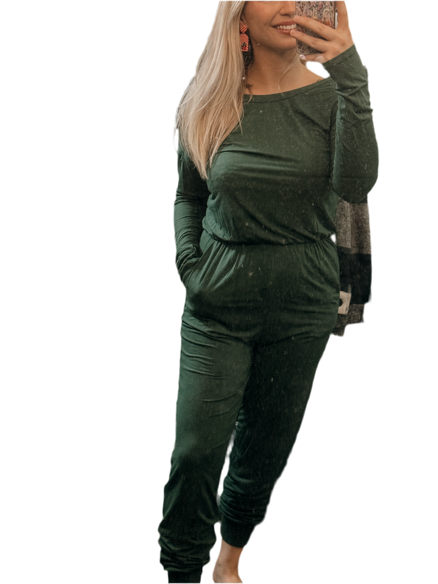 Forest green longsleeve elastic band jumpsuit