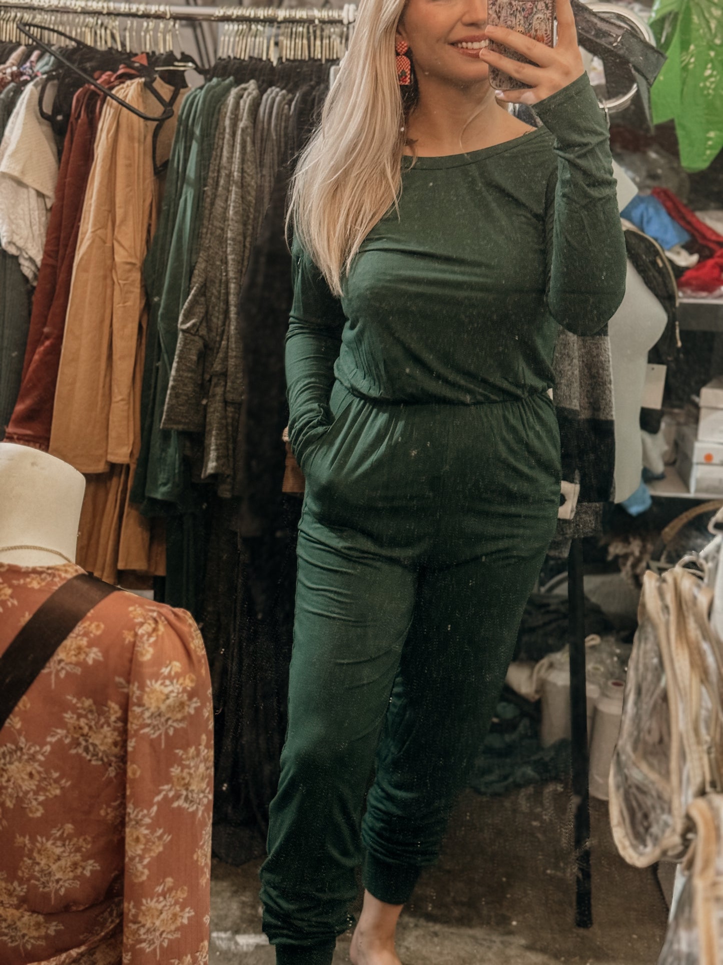 Forest green longsleeve elastic band jumpsuit