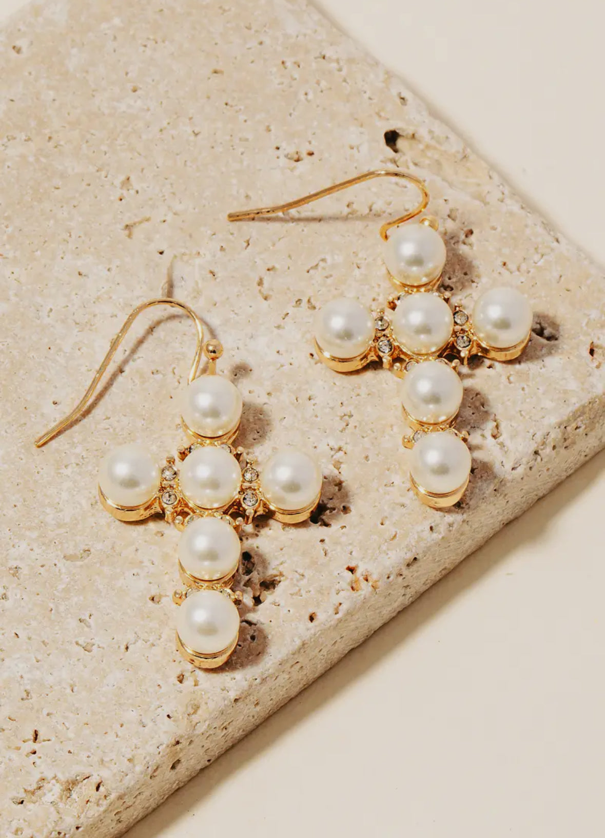 Intricate pearl beaded cross earrings