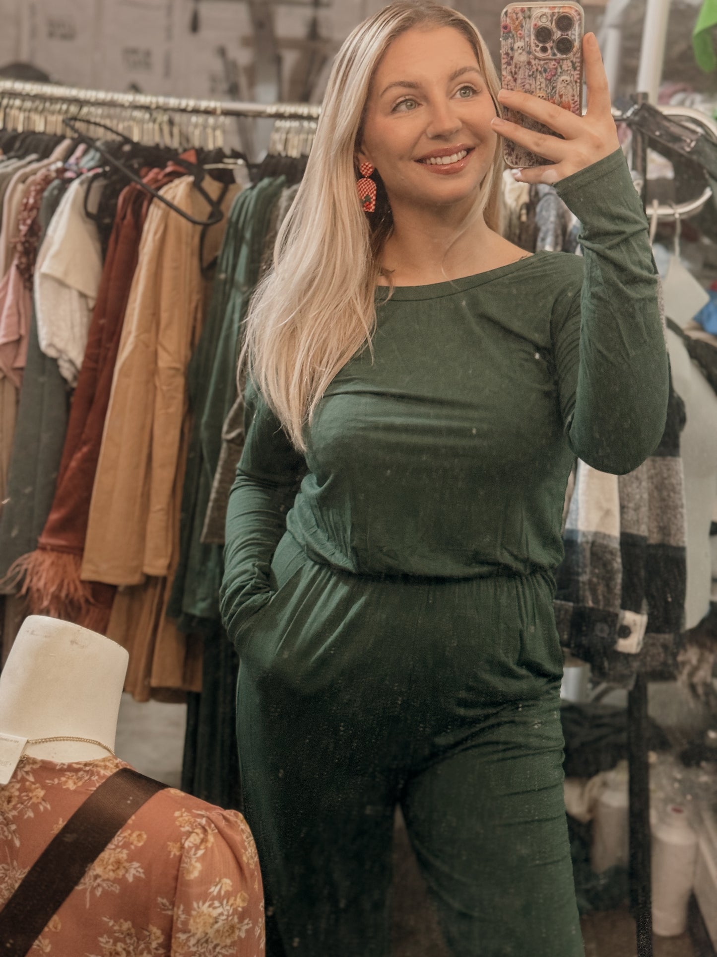 Forest green longsleeve elastic band jumpsuit