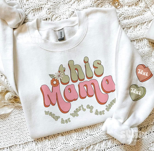 Valentine retro This Mama Wears her Heart on her Sleeve graphic design