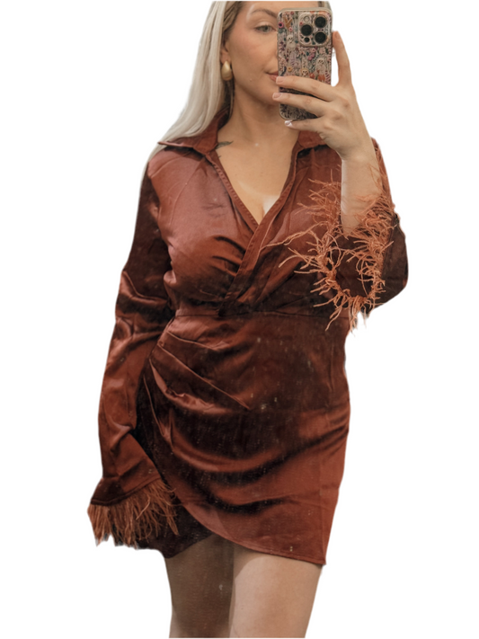 Feather sleeve wrap satin mini dress