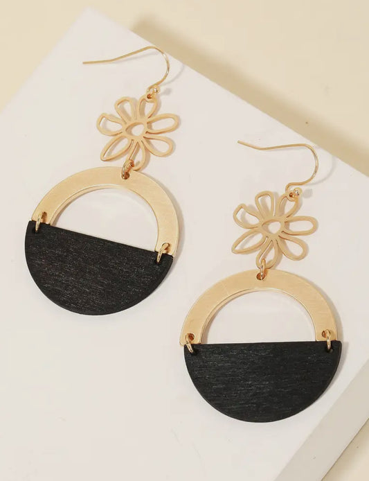 Wooden half disc and flower dangle earrings