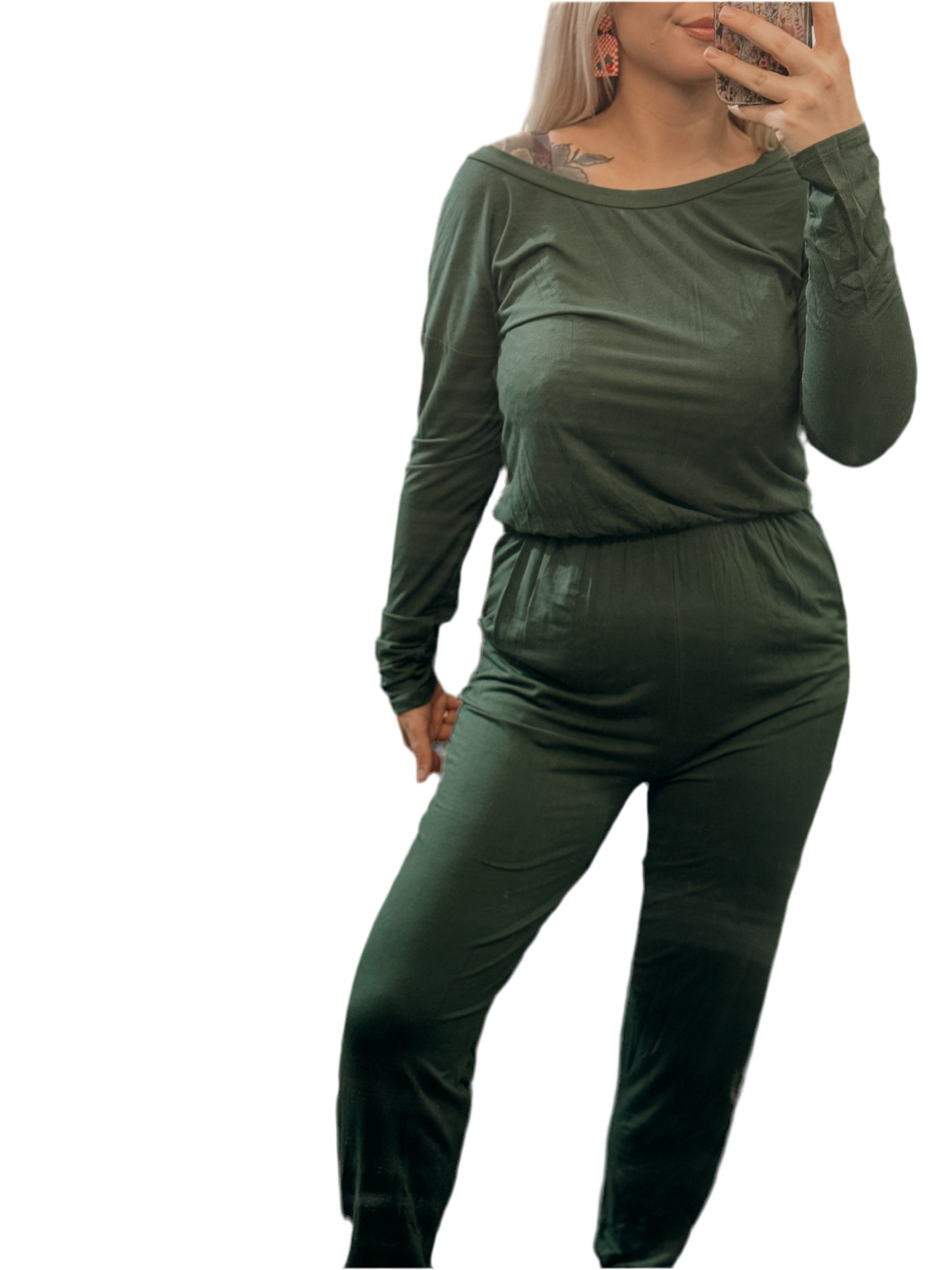 Forest green longsleeve elastic band jumpsuit